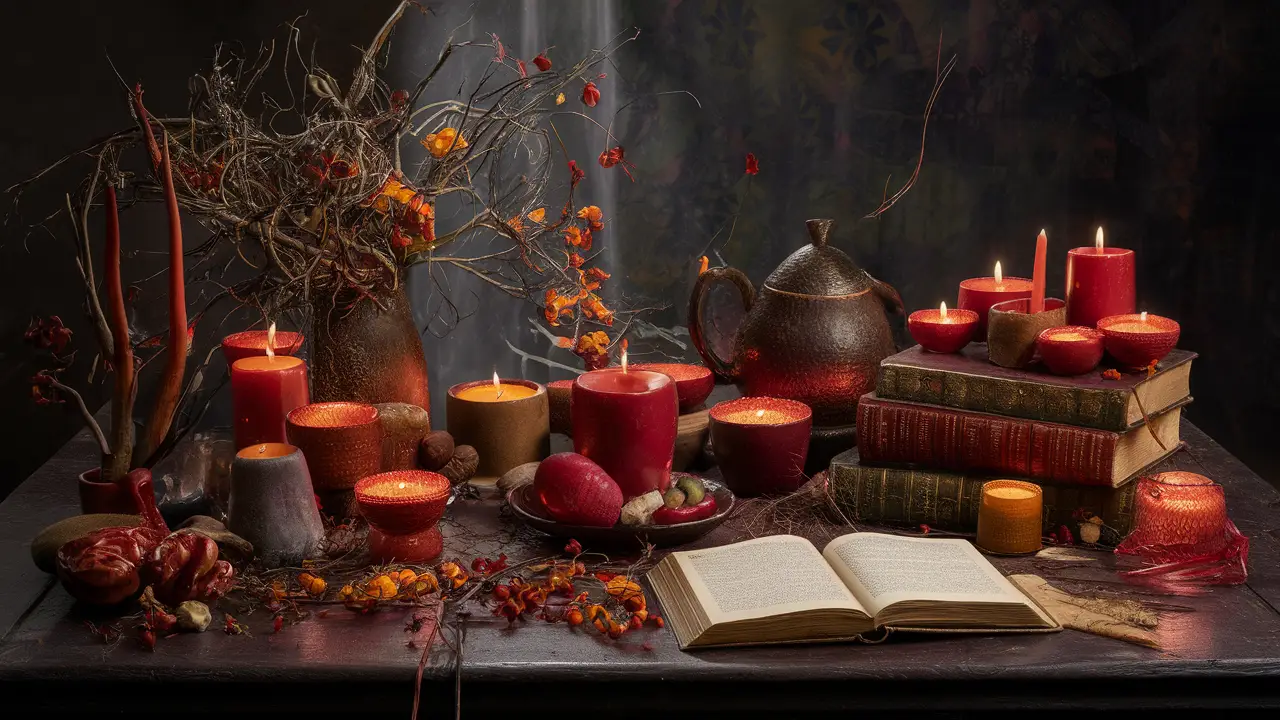 Mesa de madeira com velas acesas, ervas secas, cristais coloridos e livro antigo aberto, iluminada por luz suave.