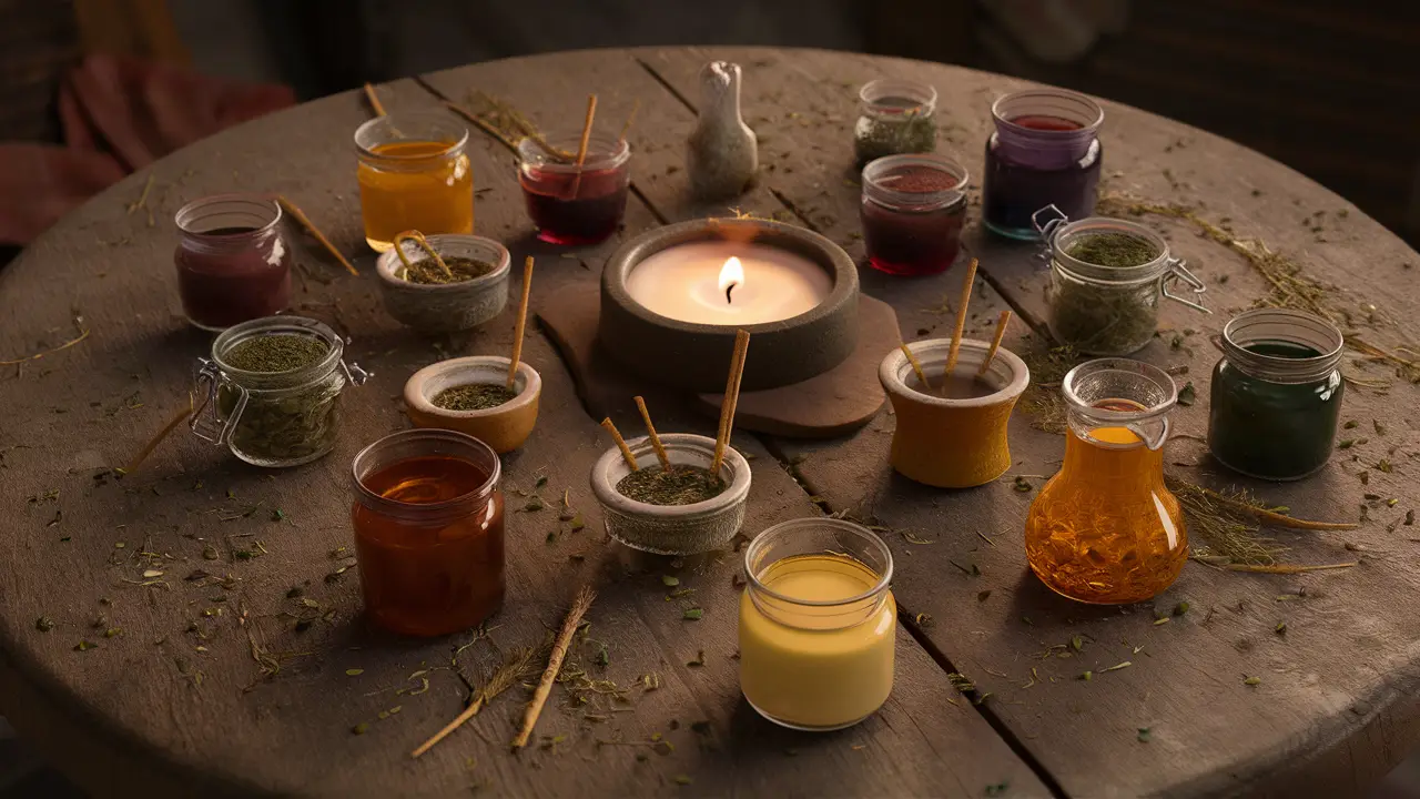 Mesa rústica com potes de vidro e cerâmica cheios de ervas coloridas e líquidos, cercada por velas e incenso.