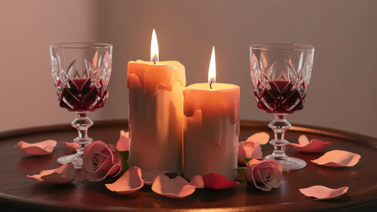 Velas acesas em mesa de madeira com pétalas de rosa e taças de vinho, ambiente acolhedor ao fundo.