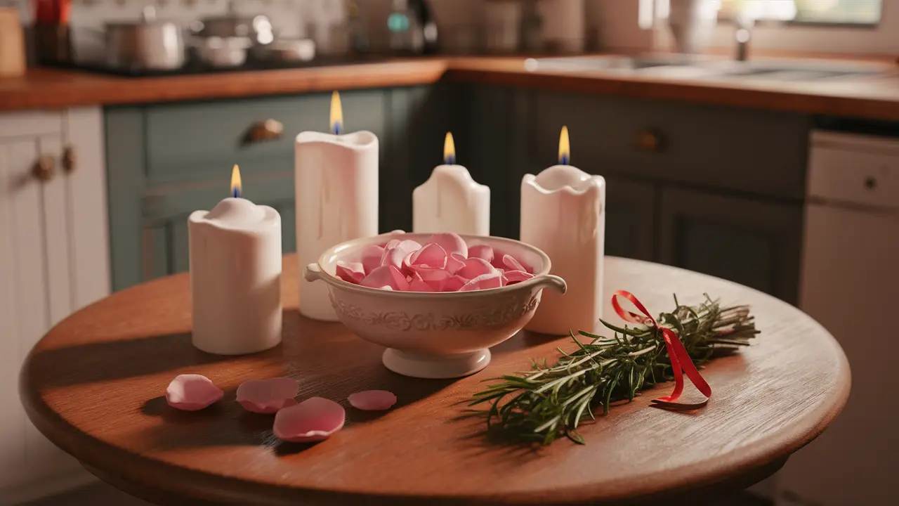 Bowl with rose petals surrounded by lit candles, rosemary, and red ribbon on a wooden table.