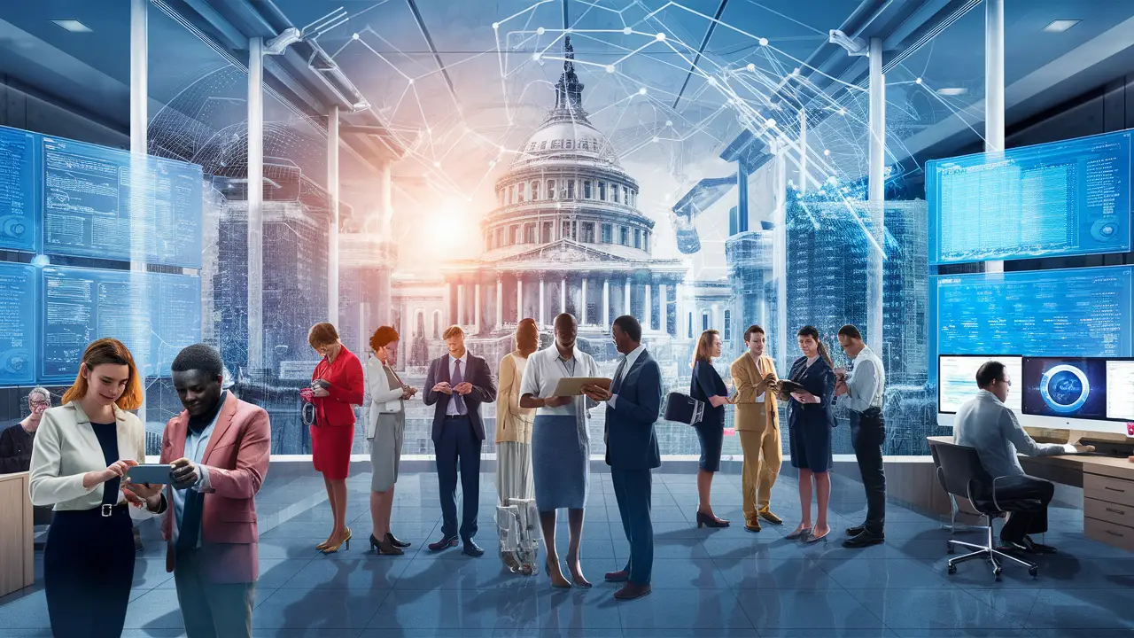 Pessoas diversas no escritório do governo usando tablets e computadores com telas digitais grandes exibindo dados.