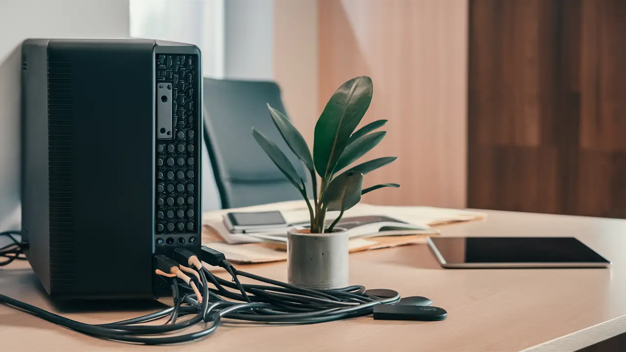 Mesa de escritório moderna com torre de computador preta e cabos organizados, planta verde, superfície de madeira e tablet.