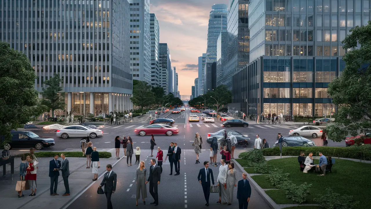 Vista de uma cidade moderna ao anoitecer com pessoas de negócios, edifícios altos e um parque público.