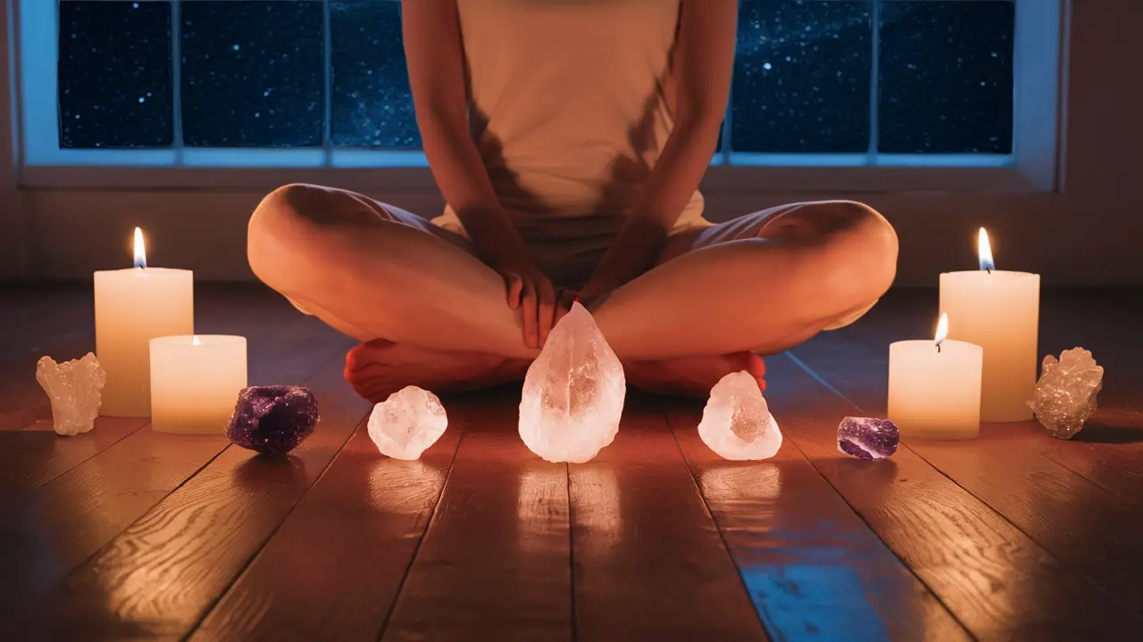 Pessoa meditando cercada por velas acesas e cristais coloridos, com céu estrelado visível pela janela.