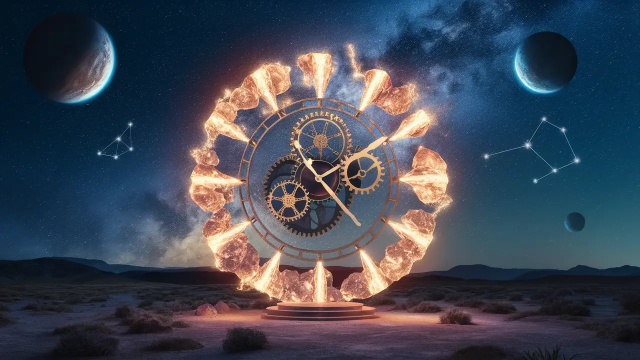 Relógio cósmico de cristais brilhantes e engrenagens celestiais sob um céu estrelado no deserto.