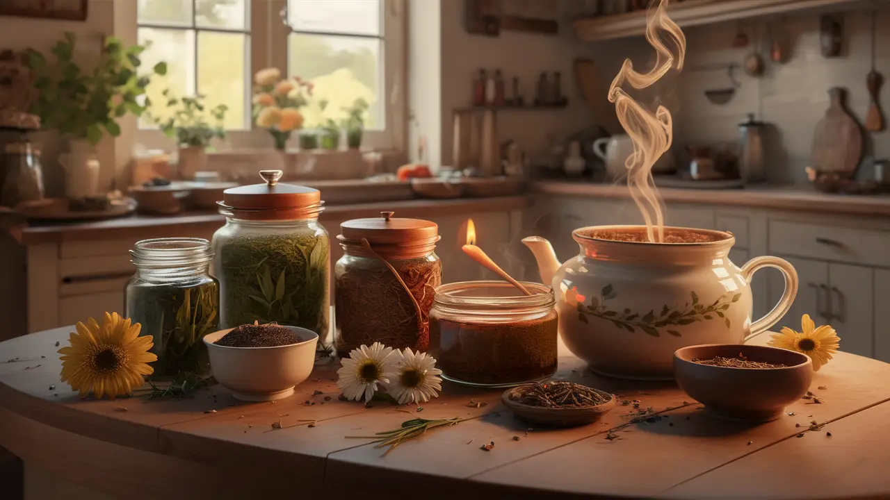 Uma mesa de madeira em uma cozinha com potes de ervas, um bule de chá e uma tigela de flores sob a luz de velas.