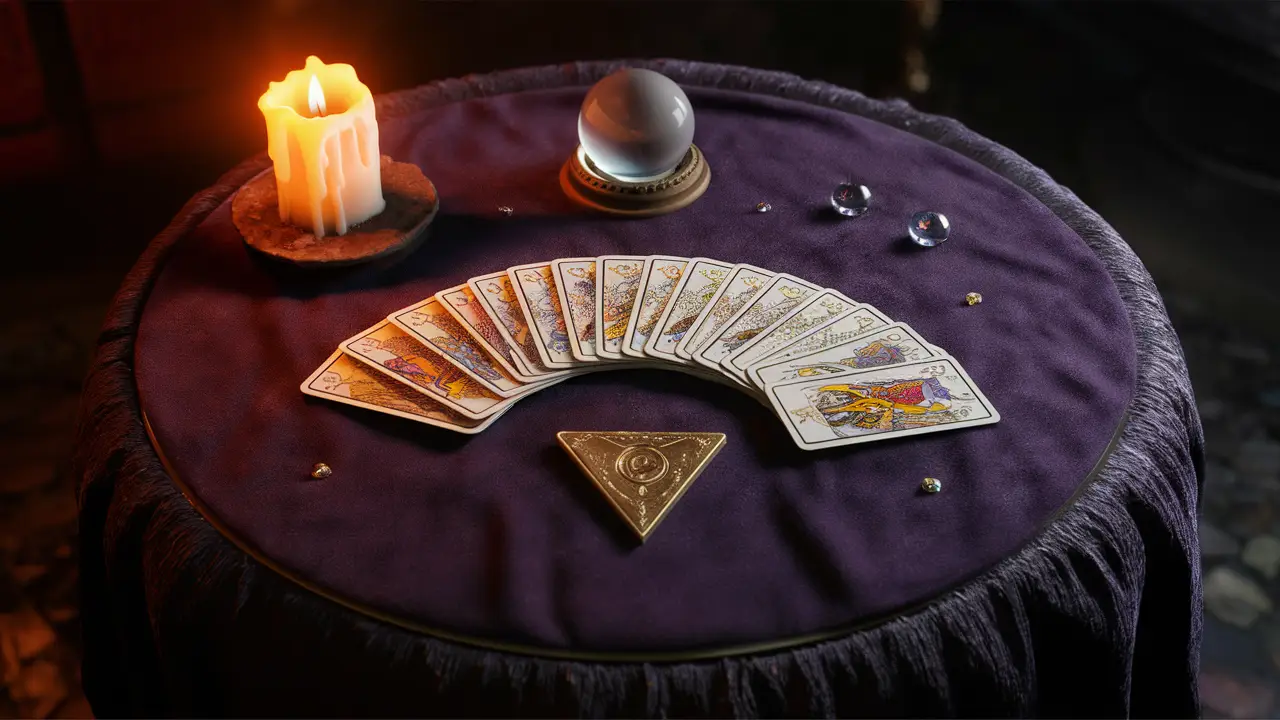 Mesa circular com toalha de veludo roxo escuro, cartas de tarô abertas em leque, iluminadas por luz de vela e bola de cristal ao lado.
