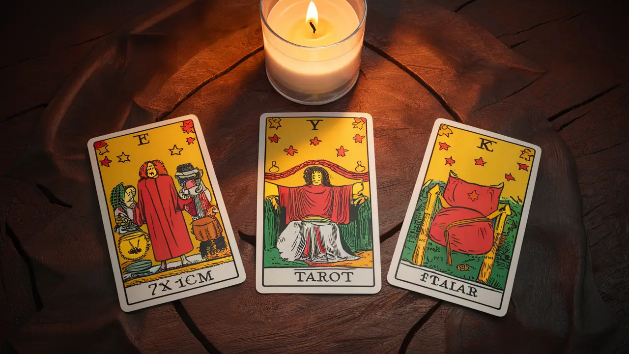 Tres cartas de tarô dispostas em uma mesa de madeira com uma vela acesa ao lado.