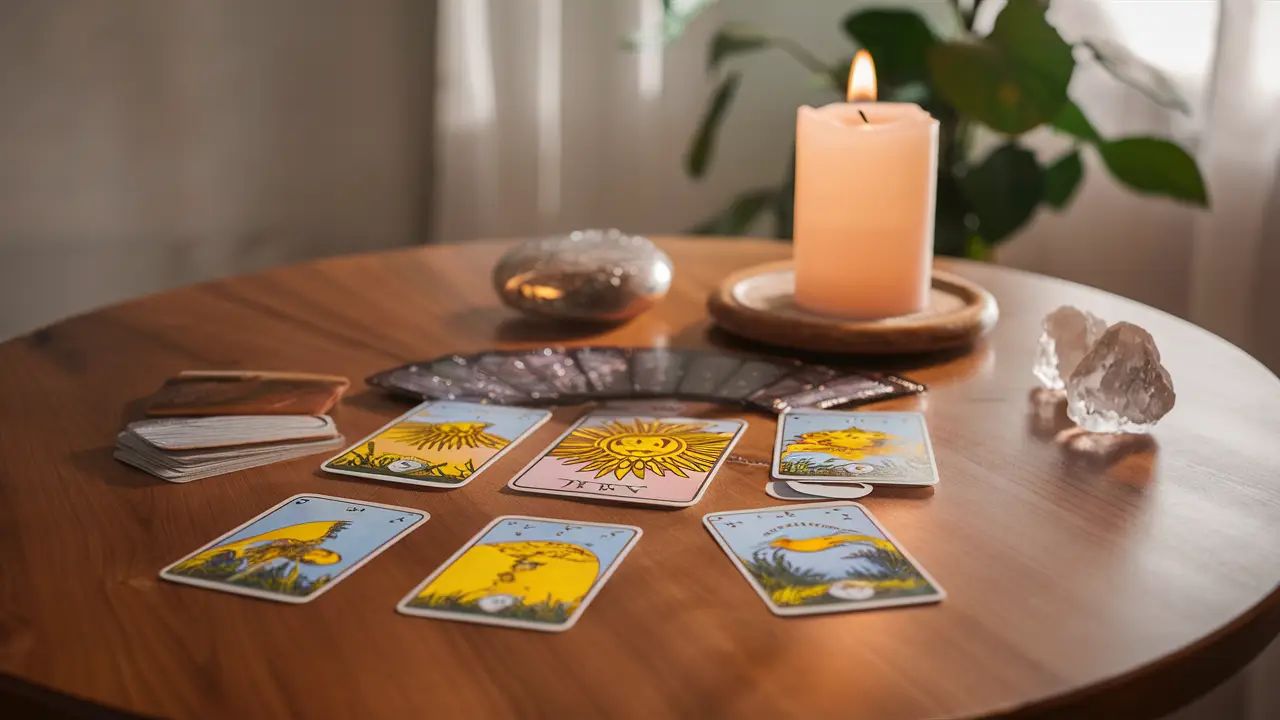Cartas de tarô coloridas, incluindo Sol, Lua e Estrela, sobre uma mesa de madeira com vela acesa e cristais.