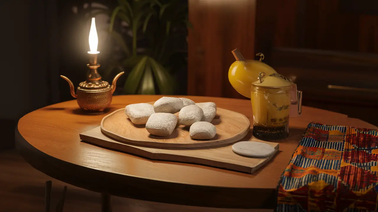 Búzios brancos espalhados sobre uma mesa de madeira escura com uma vela acesa e toalha colorida com padrões africanos.