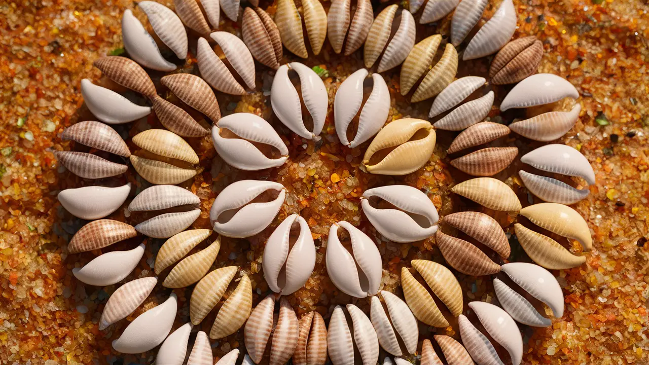 Conchas de búzios coloridos dispostas em círculo na areia, refletindo luz natural com padrões distintos.