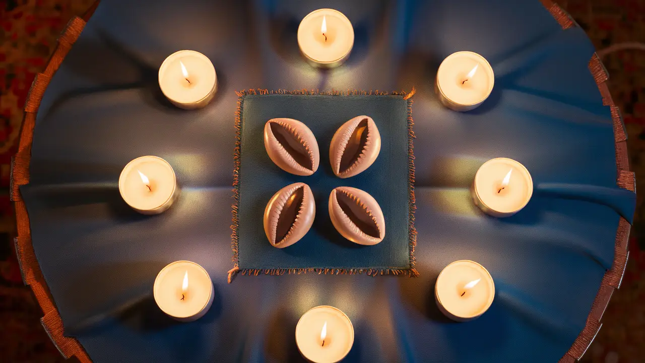 Mesa circular com quatro búzios dispostos em padrão quadrado e velas acesas ao redor.