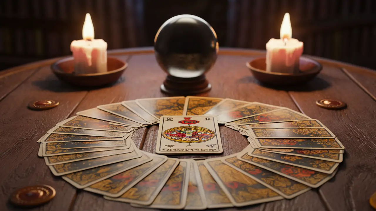 Mesa de madeira com baralho de Tarot espalhado, destacando carta Roda da Fortuna, velas acesas ao redor e bola de cristal.
