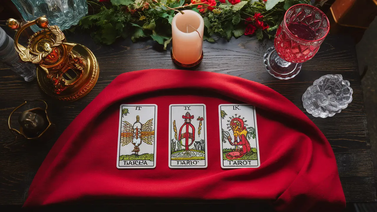 Mesa de madeira com cartas de tarot, candelabro dourado e cristal transparente.