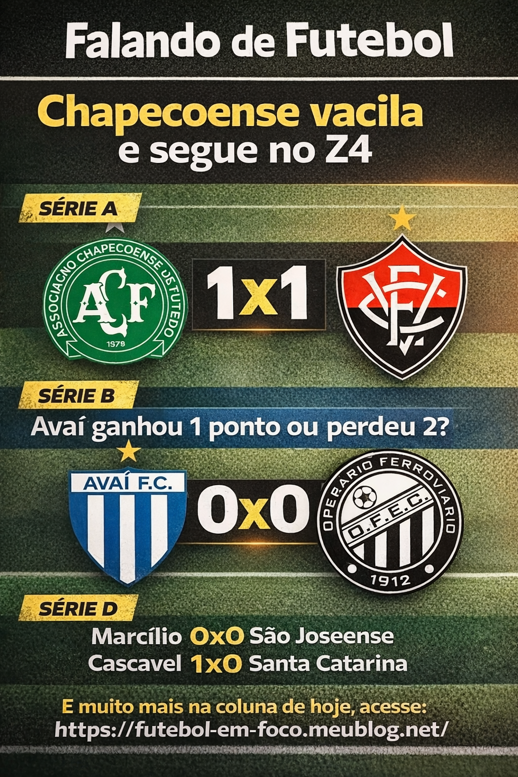 Avaí empata e segue líder; Chapecoense vacila e segue no Z4