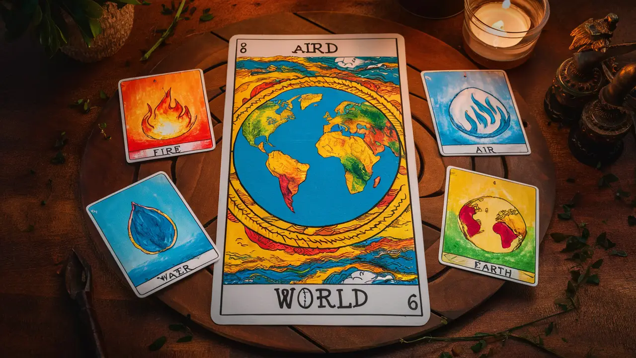 Cartas de tarô com o mundo no centro cercado por elementos fogo, água, ar e terra em uma mesa de madeira iluminada por vela.