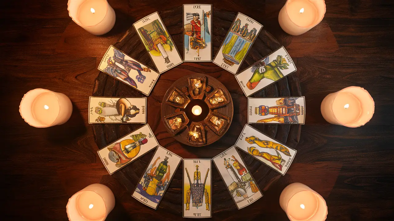 Cartas de tarô em círculo em uma mesa de madeira com velas acesas ao redor, ilustrando amor, carreira, saúde e viagem.