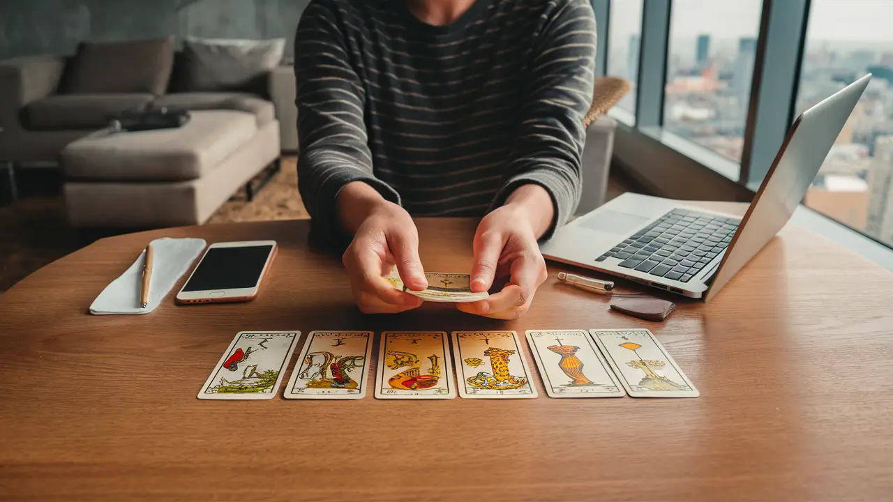 Pessoa em sala de estar moderna com cartas de tarot na mesa, laptop aberto e smartphone ao lado, cidade ao fundo.
