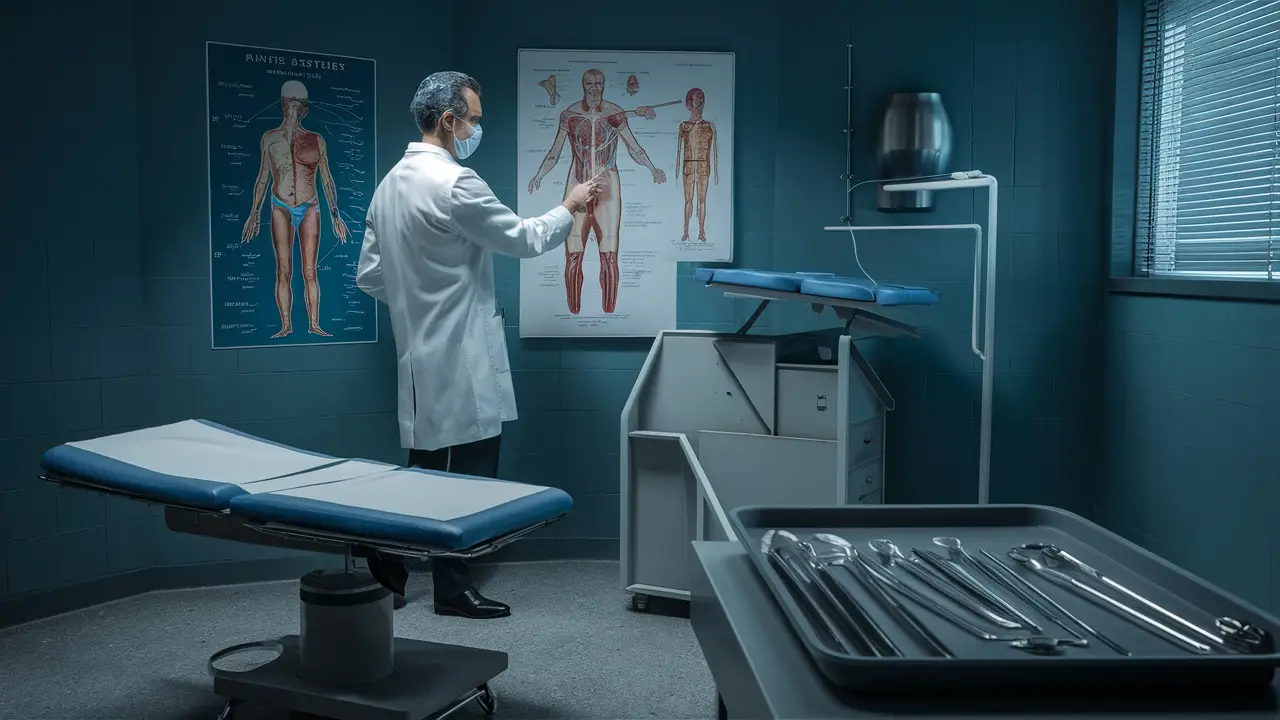 Médico aponta para diagrama de anatomia masculina em uma sala de exame cirúrgica.