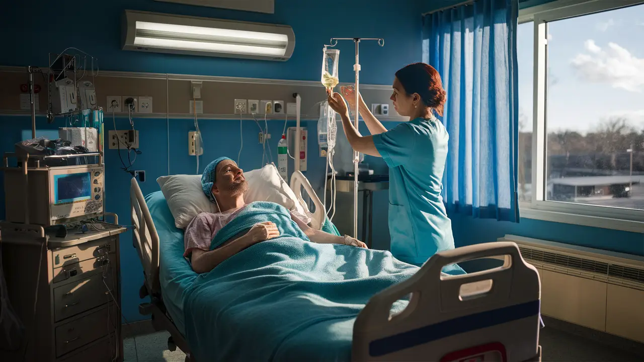 Paciente em recuperação pós-cirúrgica em quarto de hospital com enfermeira ajustando um soro e sol brilhante pela janela.