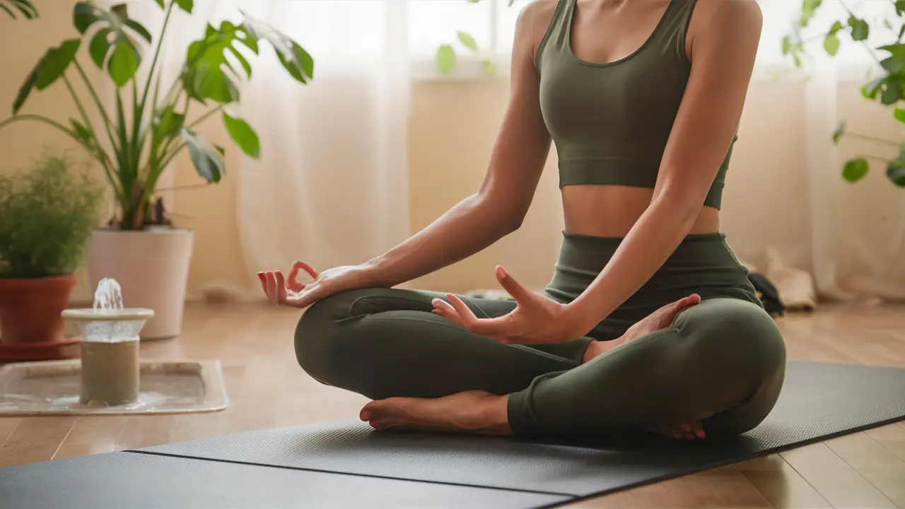 Pessoa meditando em posição de lótus em um ambiente tranquilo com plantas e uma pequena fonte de água.