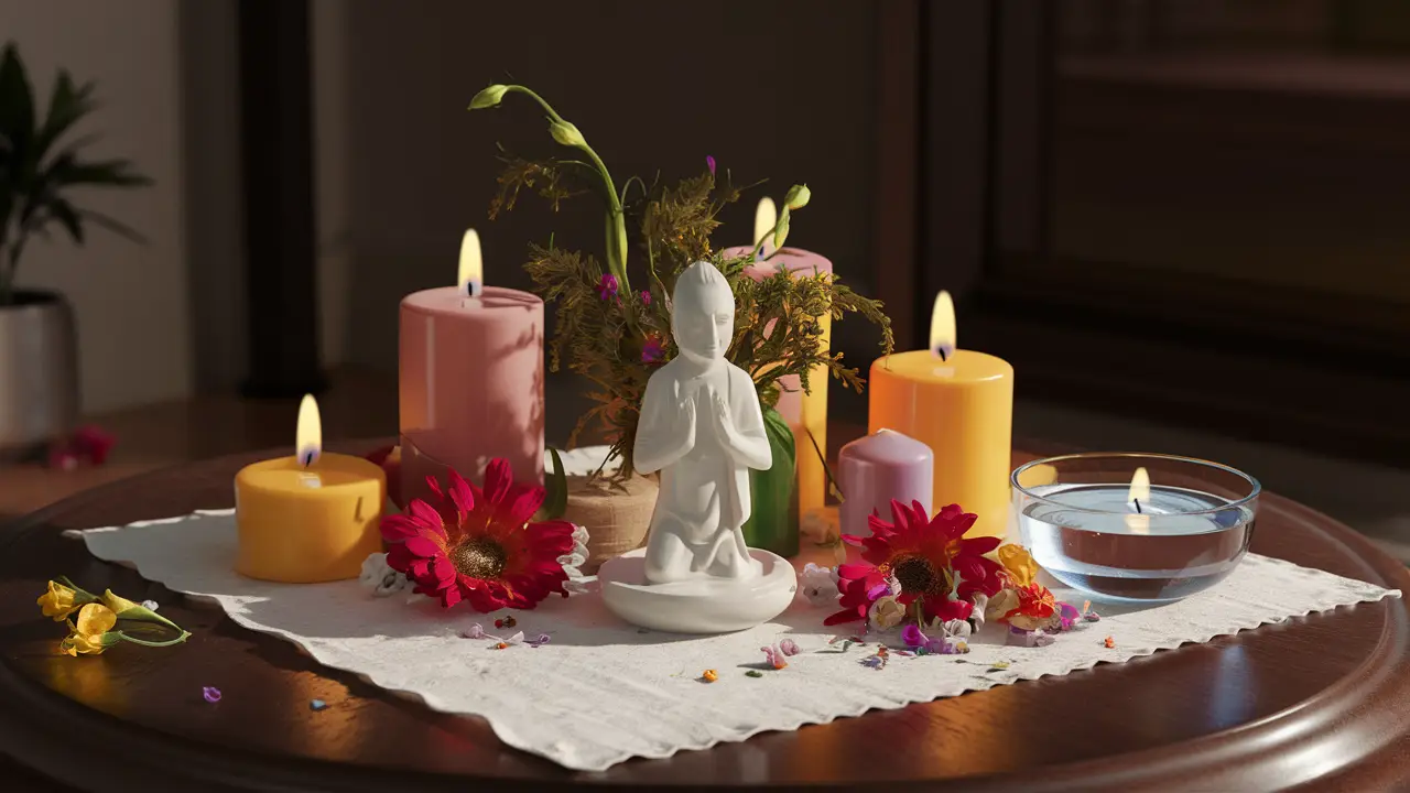 Altar espiritual com estátua de cerâmica branca, velas coloridas, flores frescas e tigela de água em mesa de madeira.
