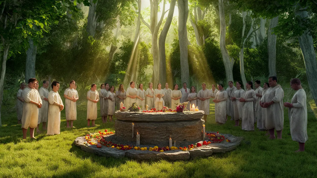Pessoas vestidas de branco reunidas em torno de um altar circular de pedra com velas, frutas e flores em uma clareira de floresta.