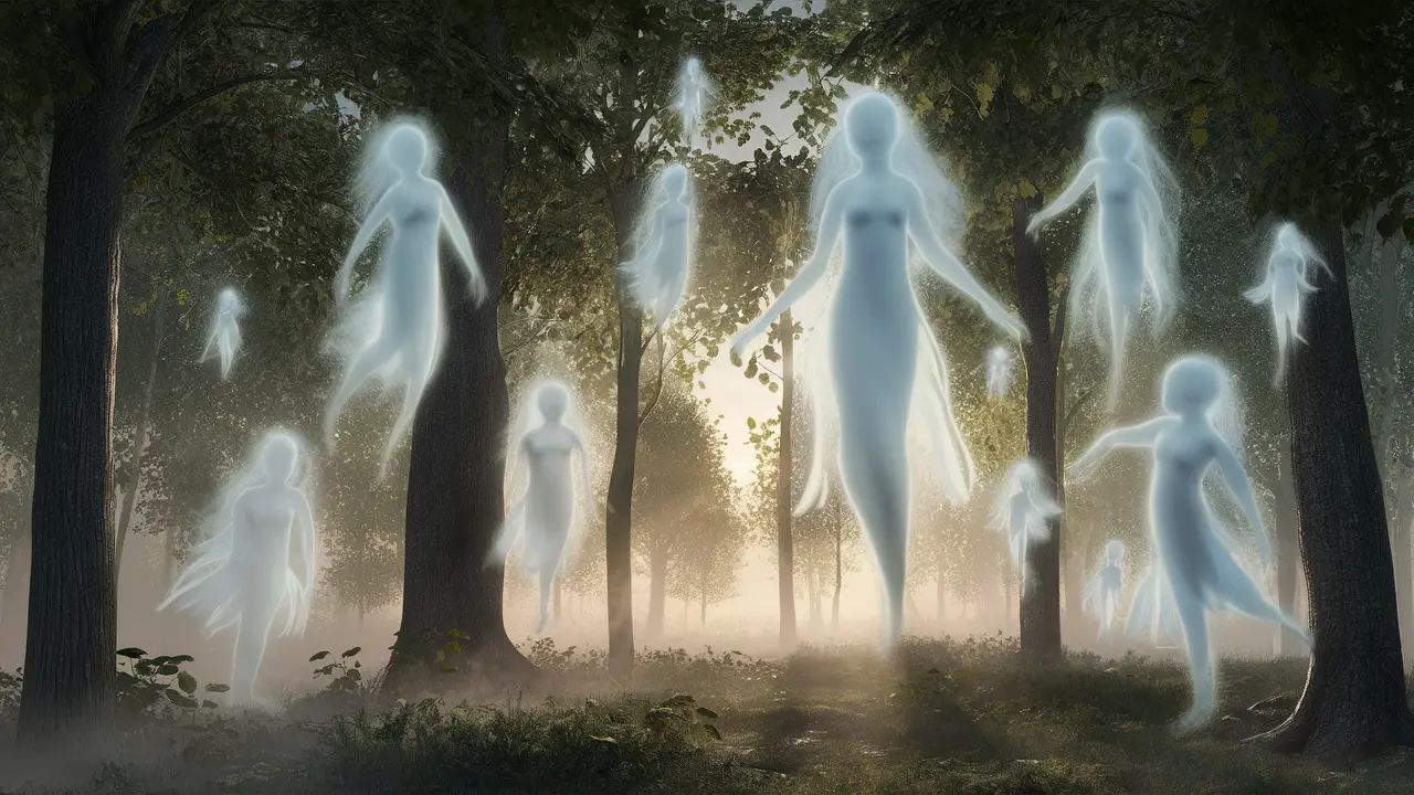 Espíritos luminosos flutuando entre árvores em floresta ao amanhecer, com luz suave azul e branca.