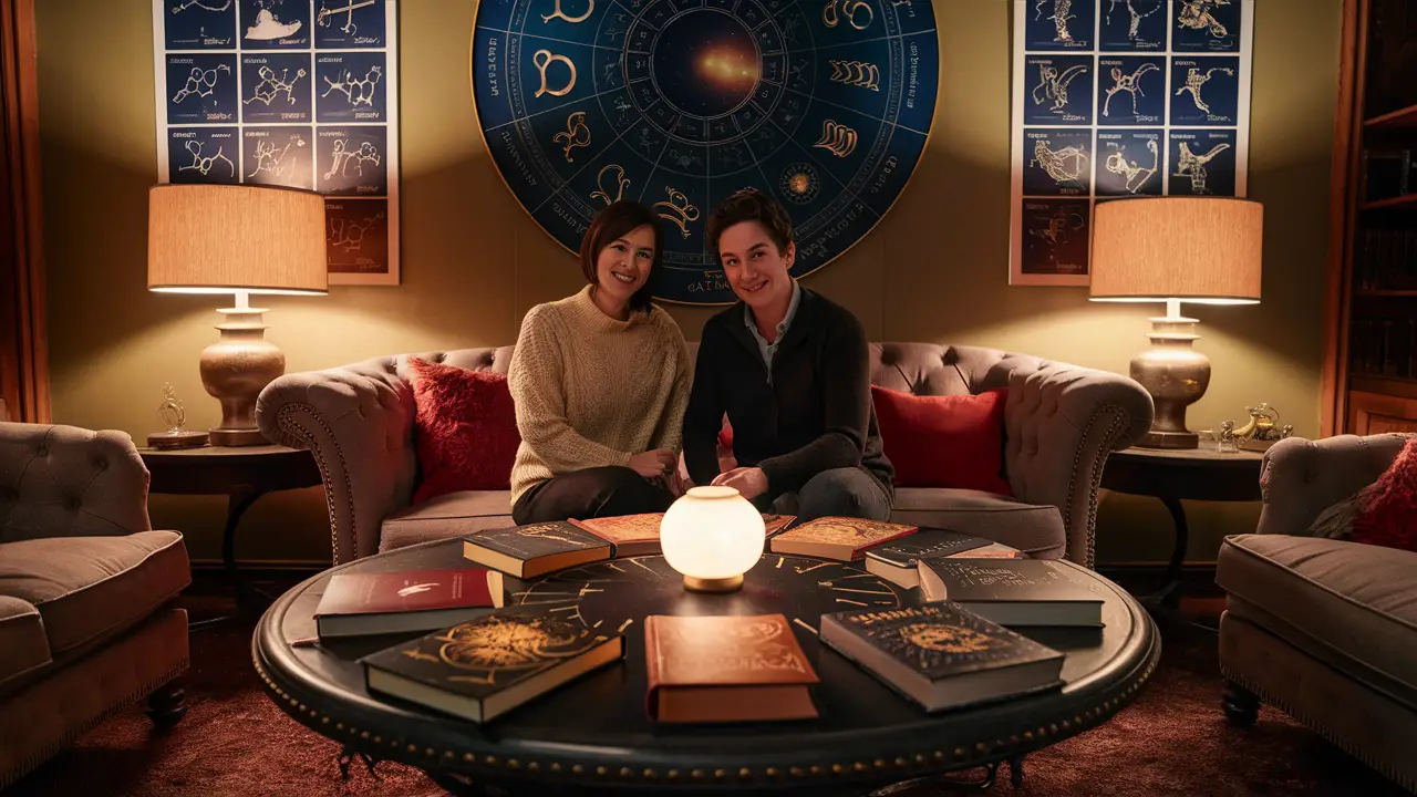 Duas pessoas em sofá com livros de astrologia e roda do zodíaco na mesa, lâmpada iluminando e pôsteres de constelações ao fundo.