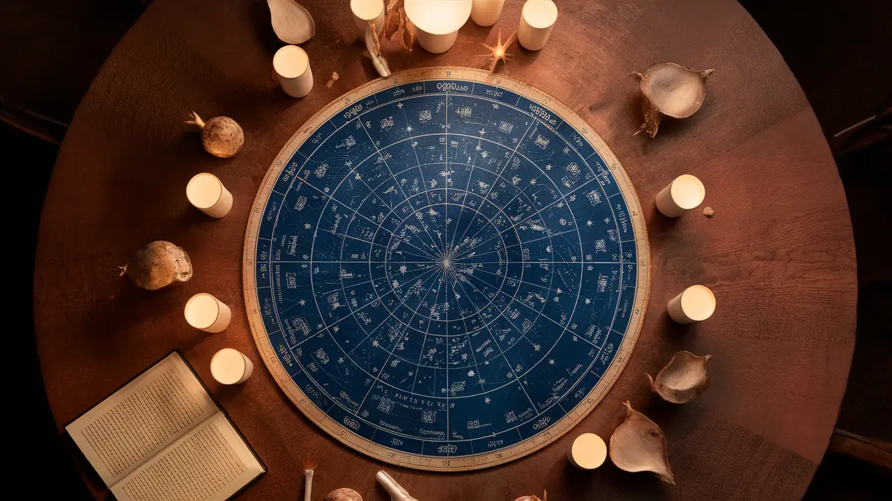 Mesa redonda com mapa astral, velas acesas e livro de horóscopo aberto.