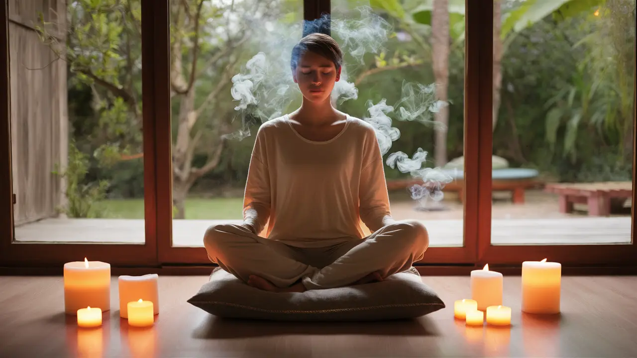 Pessoa meditando em uma sala iluminada por velas, com fumaça de incenso e vista para um jardim tranquilo.