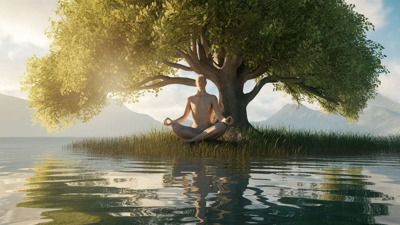 Pessoa meditando à beira do lago sob uma árvore com reflexos de montanhas e céu na água.