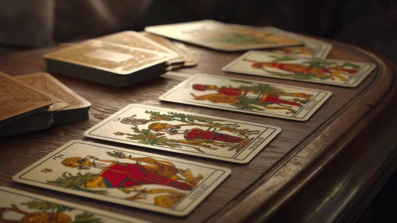 Cartas de Tarot de Marselha em uma mesa de madeira, exibindo designs intrincados e cores vibrantes.