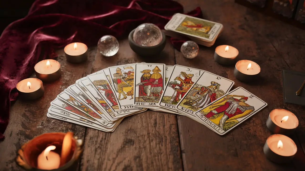 Mesa de madeira com baralho de Tarot de Marselha, velas acesas, bola de cristal e pano de veludo ao fundo.