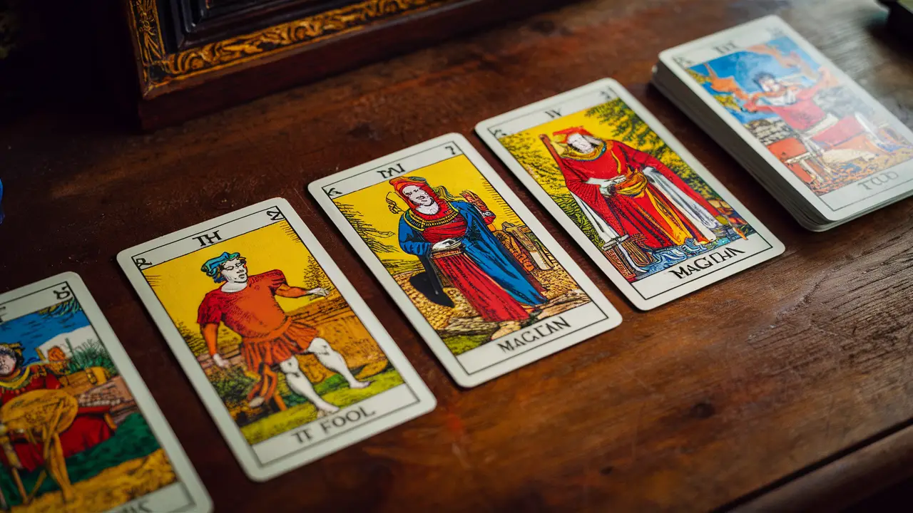 Cartas de tarot dispostas em uma mesa, mostrando O Louco, O Mago e A Sacerdotisa com ilustrações detalhadas.