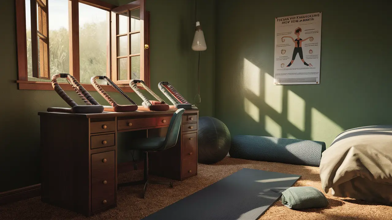 Dispositivos de tração em mesa de madeira ao lado de janela aberta, com tapete de ioga no chão e pôster de exercícios na parede.