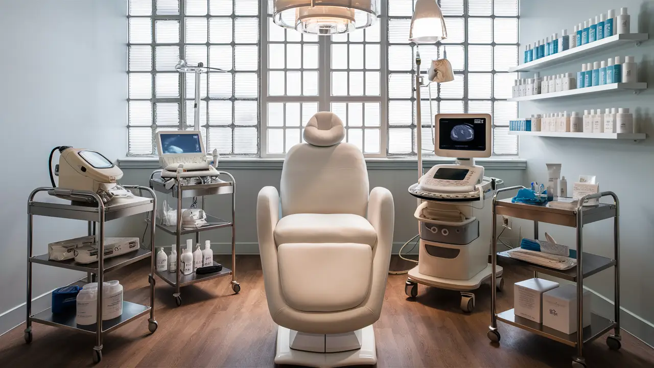 Quarto de clínica moderna com cadeira de tratamento e equipamentos médicos não cirúrgicos em carrinhos de aço inoxidável.