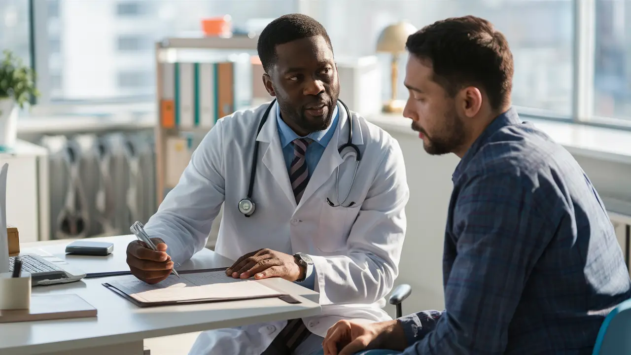 Médico em consulta com paciente, discutindo um prontuário médico em um consultório bem iluminado.