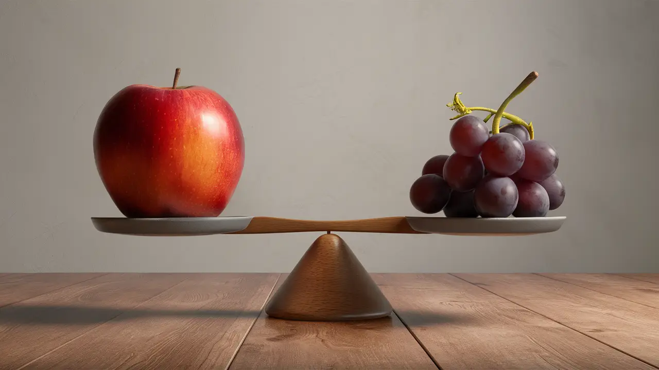 Balança equilibrada com uma maçã grande de um lado e um pequeno cacho de uvas do outro.