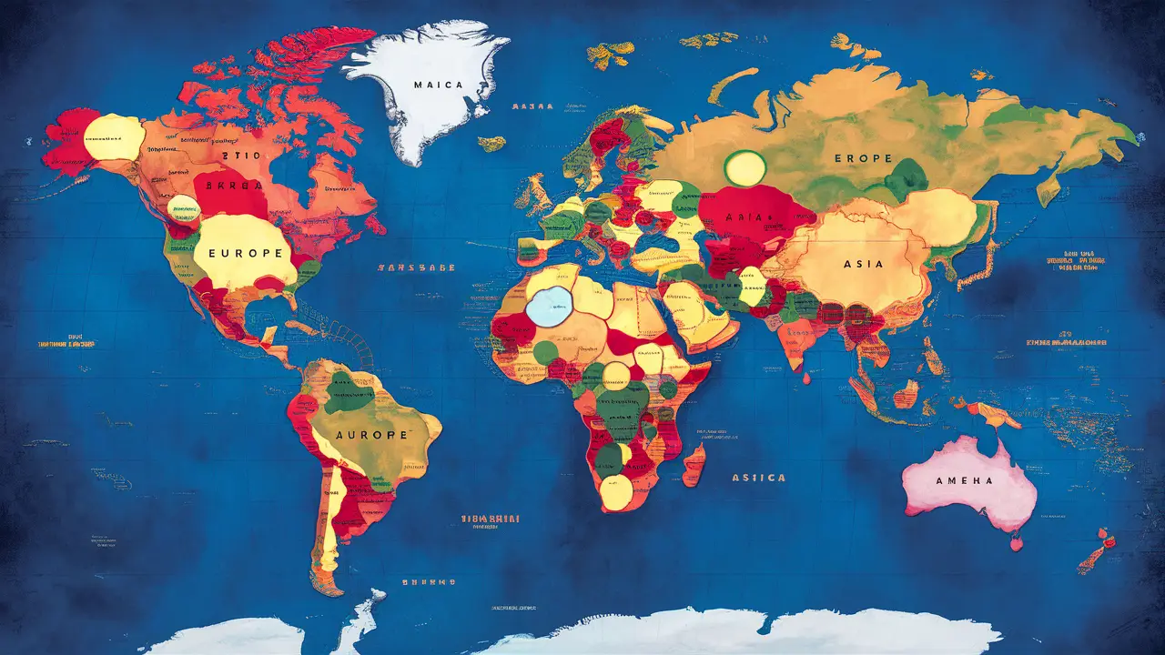Mapa do mundo com círculos de tamanhos diferentes representando variações regionais.