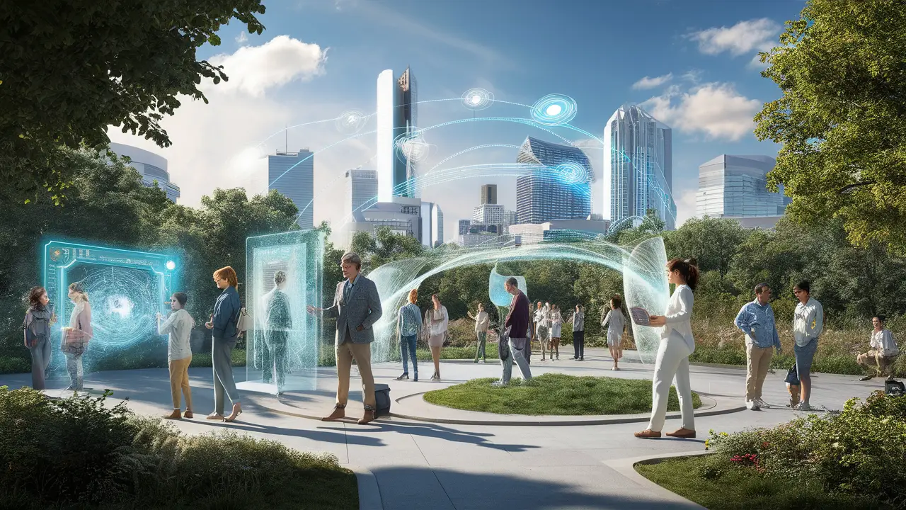 Pessoas interagindo com hologramas em um parque futurista com arquitetura moderna e céu azul.