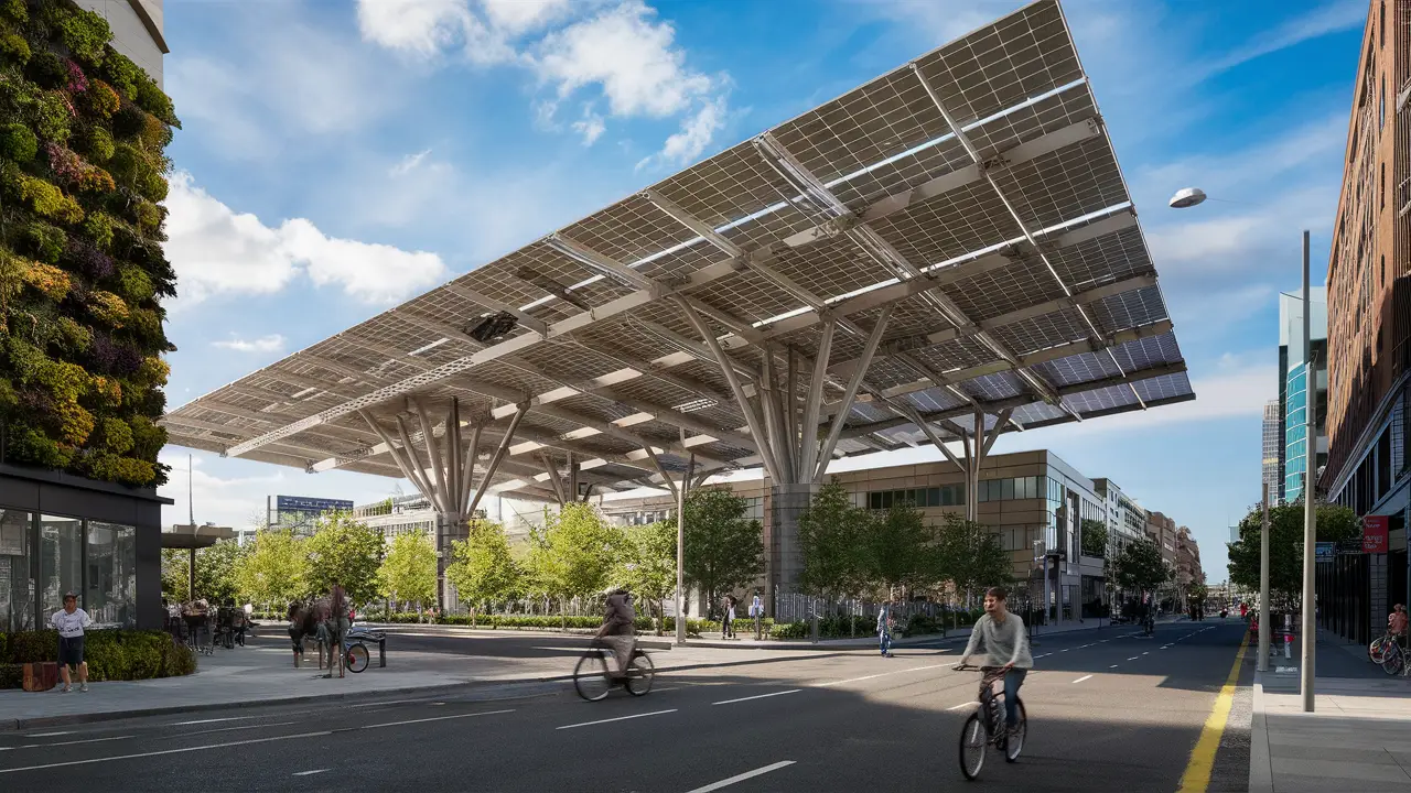 Pessoas em bicicletas sob um toldo de painéis solares em rua urbana com jardim vertical em prédio.