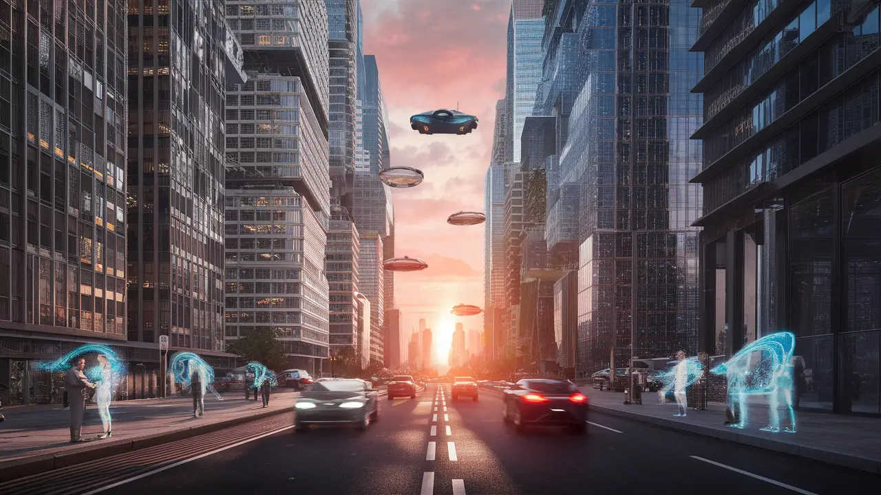 Cidade futurista ao pôr do sol com arranha-céus de vidro e metal e carros voadores entre os edifícios.