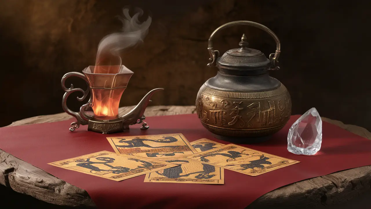 Mesa de madeira com cartas de Tarô de Marselha coloridas, uma vela acesa derretida e um cristal de quartzo transparente.