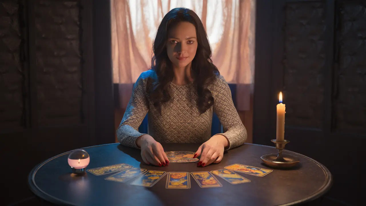 Mulher em mesa redonda com cartas de tarô, vela acesa e bola de cristal em cômodo pouco iluminado.