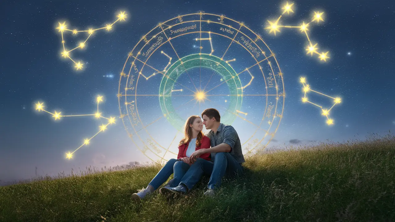 Casal jovem sentado em colina com céu estrelado e roda astrológica colorida flutuando acima.