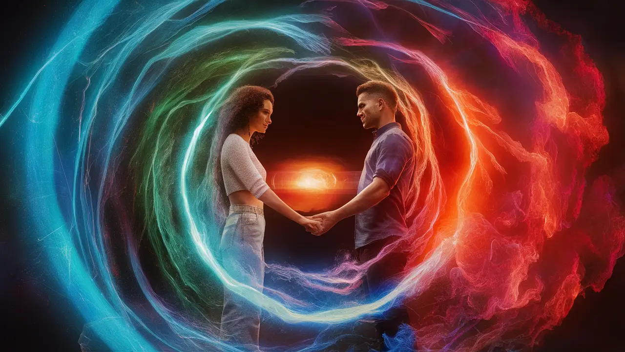 Auras coloridas em azul, verde e vermelho cercam um casal de mãos dadas representando diferentes energias.