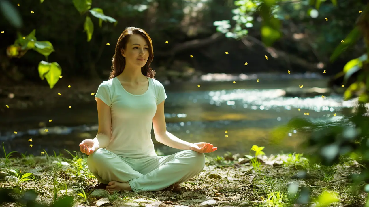 Mulher serena meditando em clareira com vaga-lumes e riacho ao fundo.