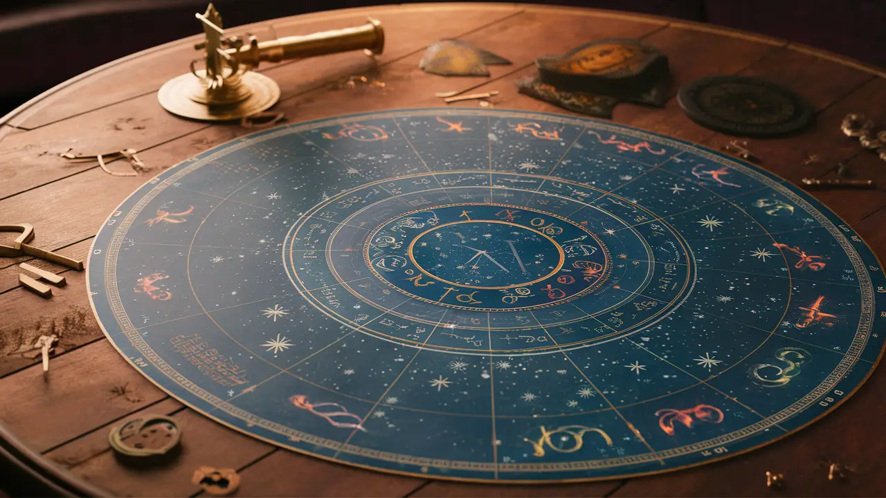 Tabela astrológica circular com símbolos do zodíaco e telescópio de latão em uma mesa de madeira.