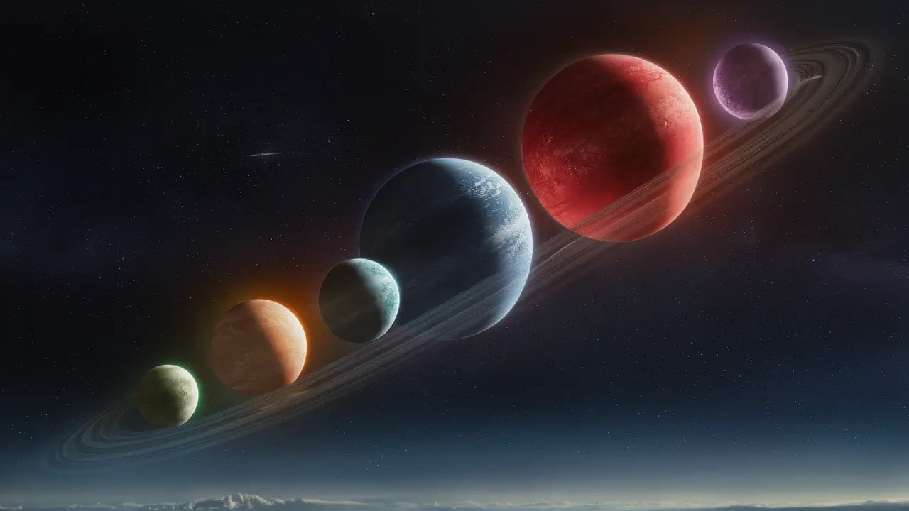 Céu estrelado com cinco planetas alinhados diagonalmente, cada um com cores e tamanhos distintos e anéis de poeira.